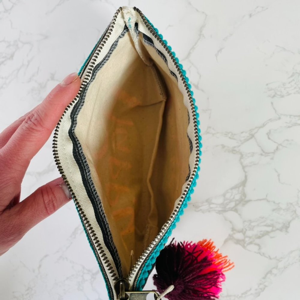 Natural Life Boho 'Be Happy' Pom Pom Floral Canvas Zipper Cosmetic Pouch Bag - Picture 3 of 6